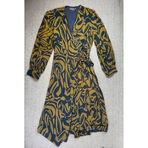 Dress Forum Los Angeles Wrap Midi Dress Mustard Navy Abstract Swirl Large